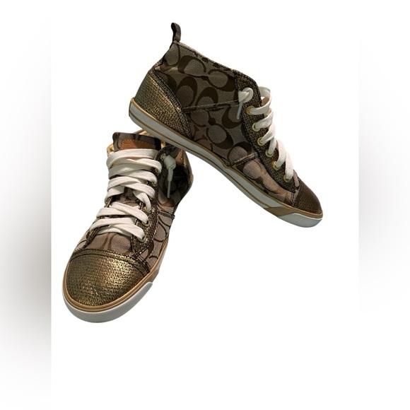 COACH Brown and Gold Indiana Hightop Sneakers Size 8.5 B - Picture 1 of 10